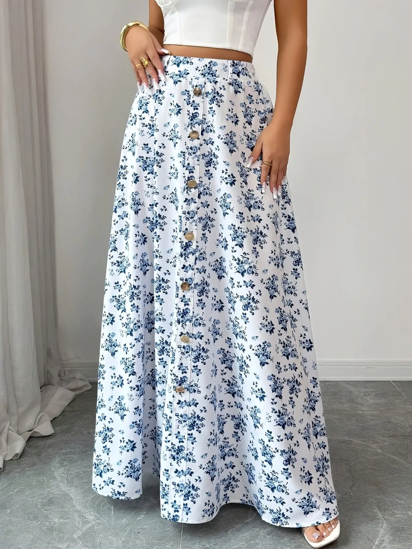 Women's Fashion Elegant Casual Chic Loose Print Button Patchwork Skirt, Bottom, Summer Vacation Style, Elastic Waist, Flowy Long Dress, Slimming Effect