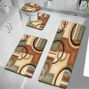 Elegant Retro Geometric Bathroom Rug Set, 3Pcs Soft Flannel Absorbent Bath Mats with U-Shaped Toilet Mat & Lid Cover, Non-Slip Floor Mats for Mid-Century Bathroom Decor, Machine Washable