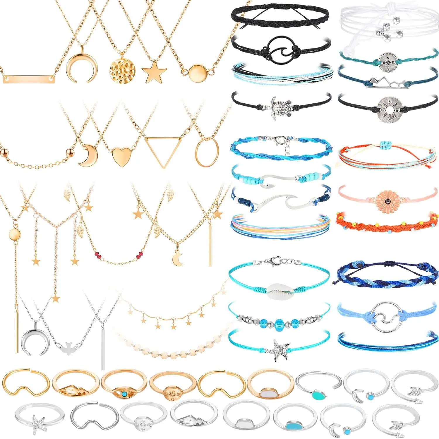 Women's 60-Pcs Sturdy Boho Jewelry Set - Adjustable Alloy Wax Rope Layered Chokers, Surfer Bracelets, Knuckle Rings, Star Moon Wave Design, Lightweight Fit, Meaningful Gifts for Parents, Daily Wear, Traveling, Jewelry Stack, Adjustable Sizes