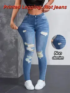 Women's Printed Skinny Jeans, Casual Fake Denim Style, Elastic Stretchy Material, All-Season Wear, Versatile Design