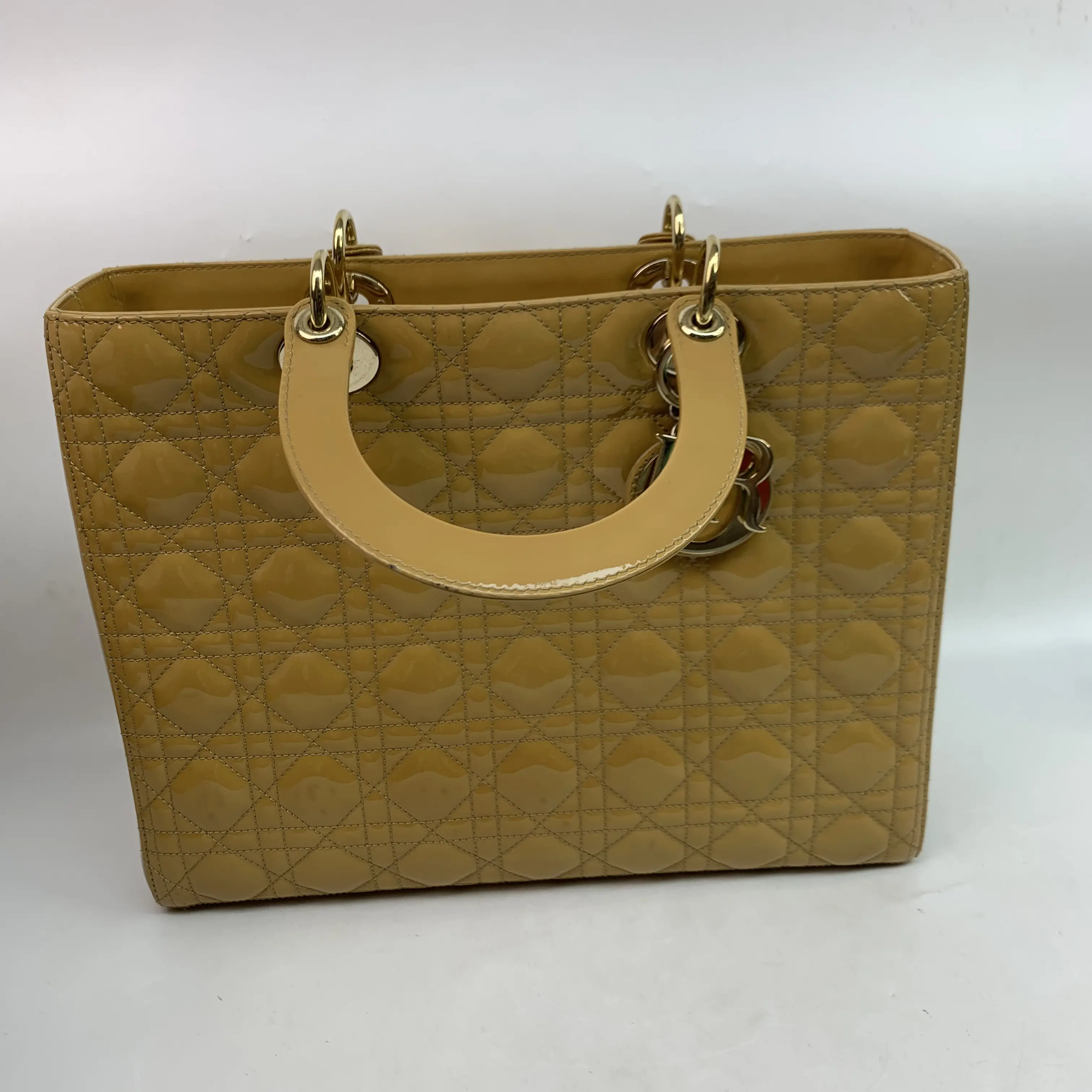 Pre-owned Dior Lady Beige Patent Cannage Quilted Leather Tote Handbag SOHO
