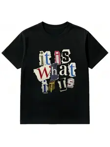 Summer Patchwork Newspaper Font Short Sleeve T-Shirt, Casual Fitted Graphic Tee, Adult Daily Streetwear, Trendy