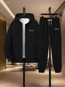 Men's Casual Long Sleeve Jacket & Drawstring Pants Set, Calvin Print, Comfortable Two-Piece for All Seasons