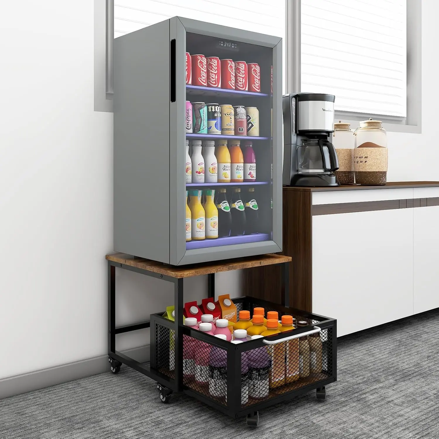 mini refrigerator mobile cart with large storage space drawers, wheel rolling detachable compact refrigerator rack, basket, suitable for multi-purpose choices such as home, office, bedroom, etc., freezer shelf