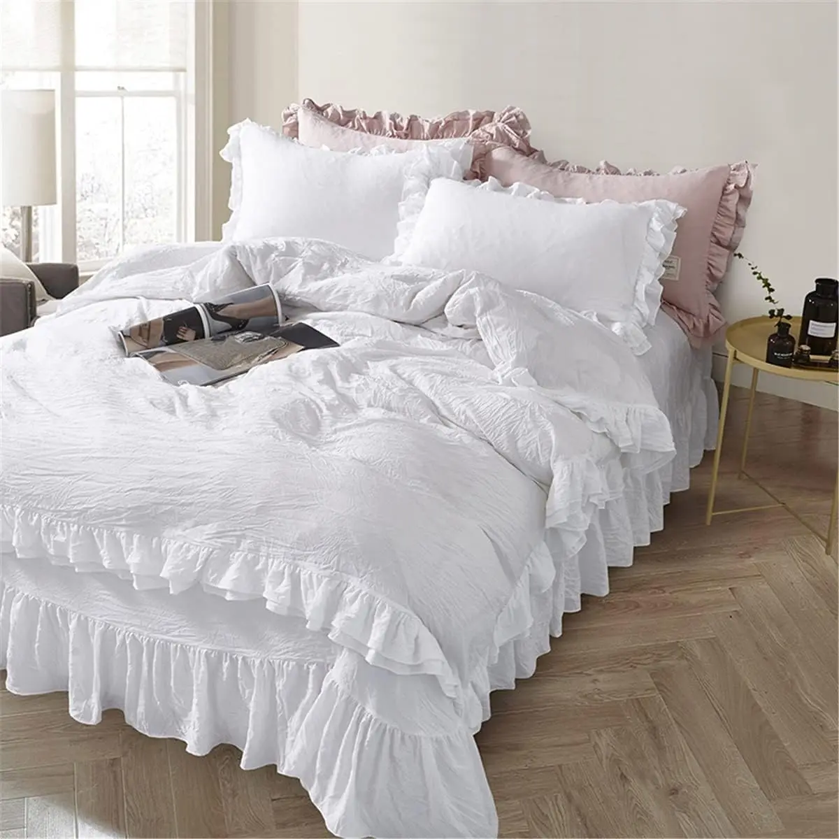Ruffle Duvet Cover Set, Soft and Breathable Washed Microfiber 3 count Bedding Set, Shabby Chic Farmhouse Duvet Cover and Pillow Shams, Zipper Closure & Corner Ties, Easy Care -(White, )
