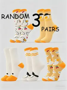 Random 3 Pairs Cute Duck Cartoon Mid-Calf Socks, Fun Animal Design Footwear, Perfect for Kids & Casual Wear, Comfortable & Stylish