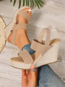A pair of new large-size women's open-toe, elastic-back, slip-on wedge sandals for outdoor wear, stylish, Fashion, simple, comfortable, lightweight, suitable for daily commuting, with a thick sole