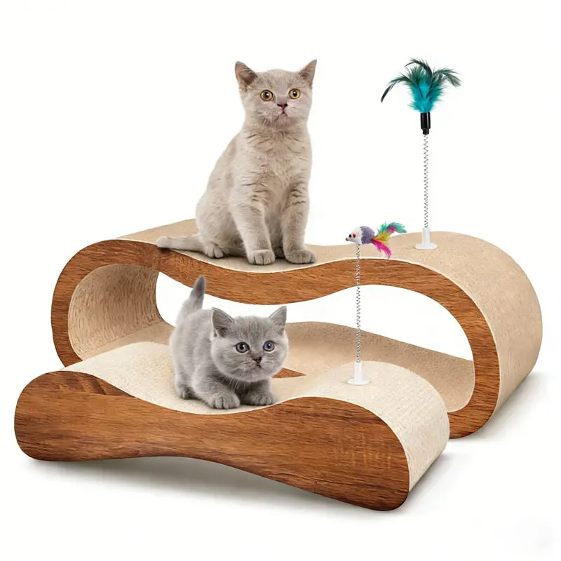 FluffyDream 2-in-1 XL Cardboard Cat Scratcher Lounge Bed - 27.56" L × 9.45" W × 8.86" H, 8 lbs, Modern Geometric Design, Ergonomic Curved Shape, 2 Teaser Wands, Plug-in Wand, Sofa Saver, Multi-Purpose Pet Furniture
