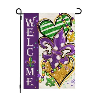 1 PC Mardi Gras Fleur de Lis Decorative Garden Flag for Outside 12x18 Inch Double Sided Small Burlap Look Polyester welcome Yard Outdoor New Orleans Carnival Celebration