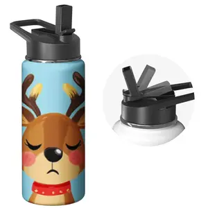 Stainless Steel Water Bottle with Flip Lid - Light Blue Color - Cute Reindeer Cartoon Print - Ideal for Kids, School, Outdoor Activities and Daily Use