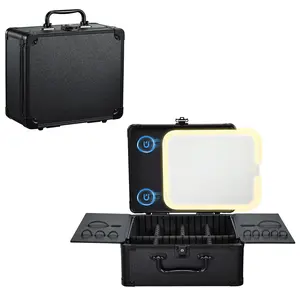 Portable Makeup Case with Detachable Magnetic Lighted LED Mirror Travel Makeup Box Bag Waterproof Cosmetic Train Case Organizer Adjustable Dividers Brush Holder