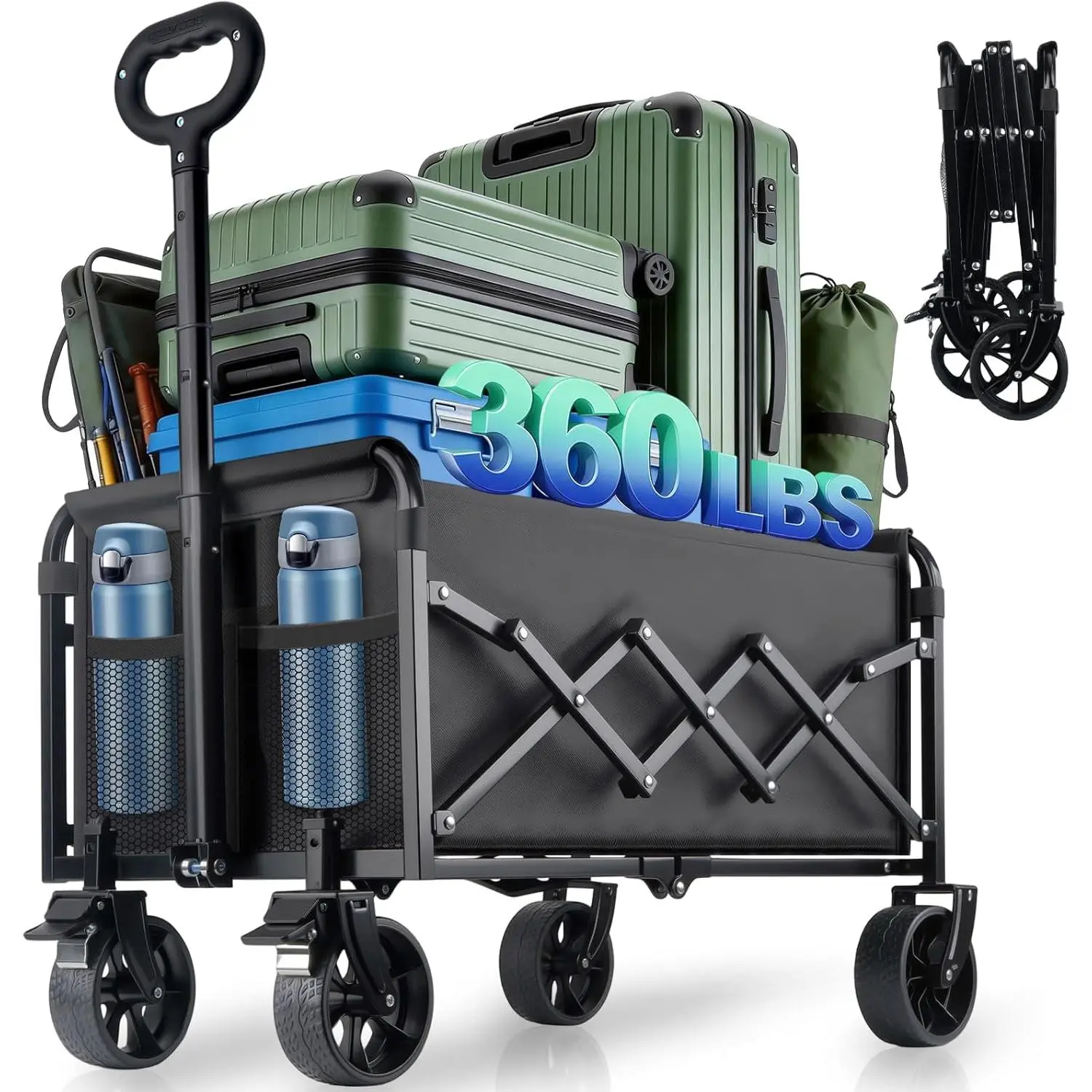 Collapsible Wagon Cart with Brakes, 360 LBS Heavy Duty Foldable Utility Cart, All Terrain Wheels & Secure Braking Design, Multi-Purpose Folding Trolley for Shopping, Beach, Camping, Outdoor Sports, Gardening and Fishing