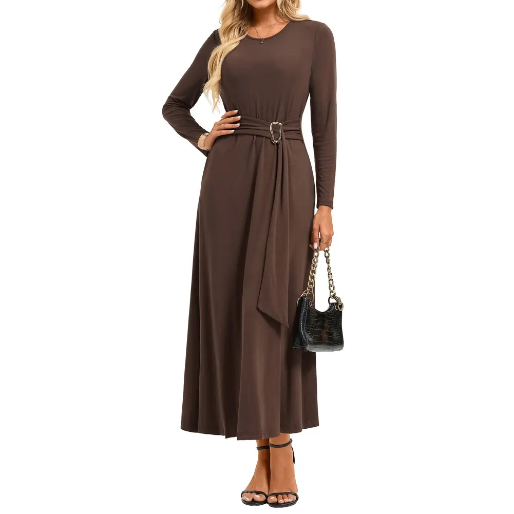 Grace Karin Women's Long Sleeve A-Line Maxi Dress, Elegant Crew Neck Formal Wear with Pockets, Beautifully Soft for Daily & Party Use, Lady, Casual Wear, Festival Wear