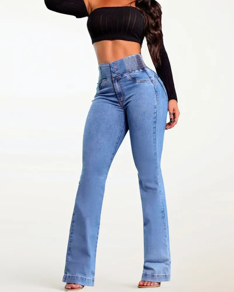 【Fallfreshness】2025 Elastic Waist High Waist Stretch Tights Slightly Flared Hip Lift Denim Trousers flared jeans Wide Leg Jeans,summerwins,summeroutfits,vacationoutfits,beachoutfits,back to school shopping