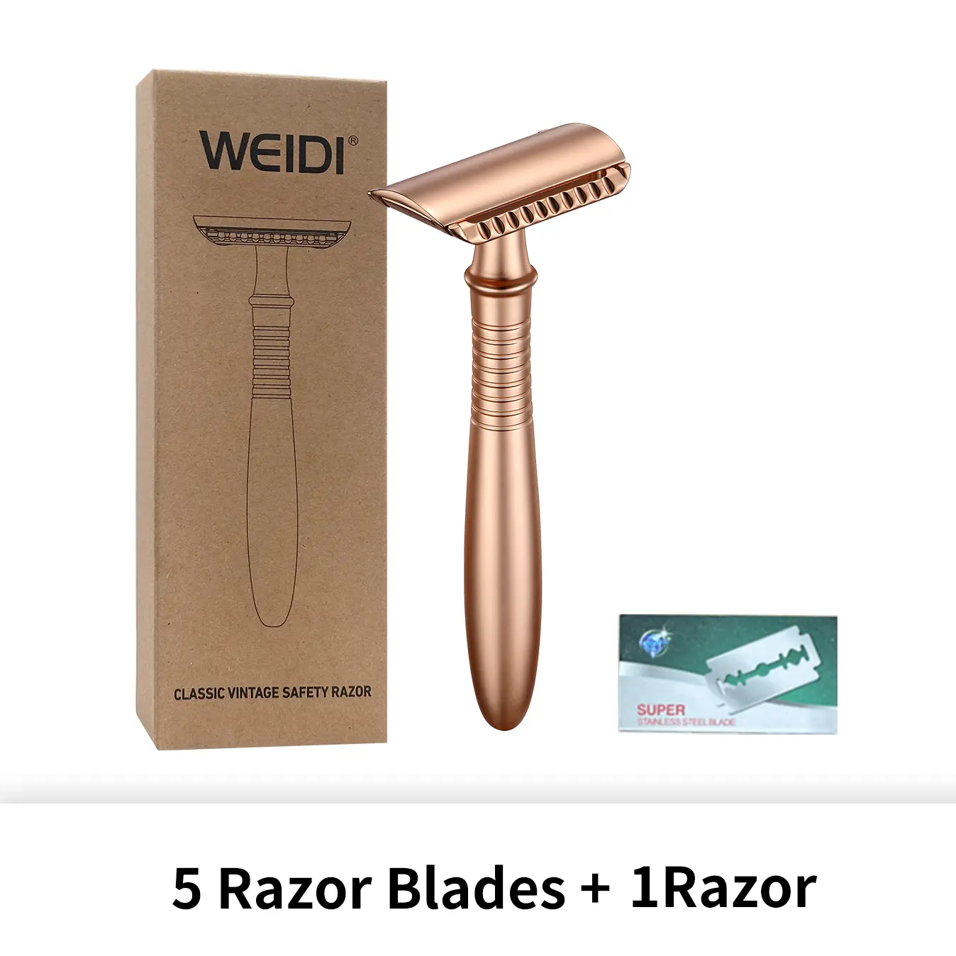 Vintage Manual Shaver - Rose Gold Double Edge Safety Razor Set with 5 Blades, Durable Stainless Steel Shaving Tool for Men & Women, Smooth Shave Experience, Razors for Women
