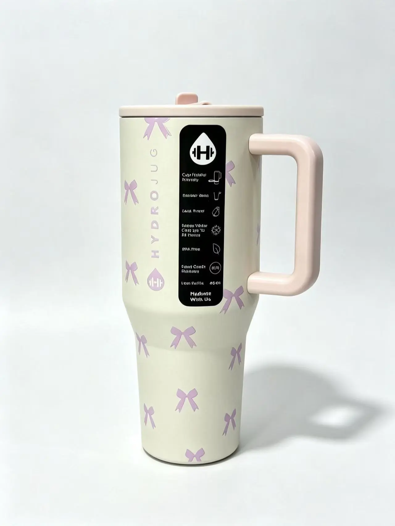 HydroJug 40oz Lavender Bow Insulated Stainless Steel Vacuum Flask Tumbler, Double-Wall Travel Mug with Handle, Leak-Proof, Cup Holder-Friendly, Stylish Coquette Aesthetic Portable Drinkware for Daily Use & Gifting