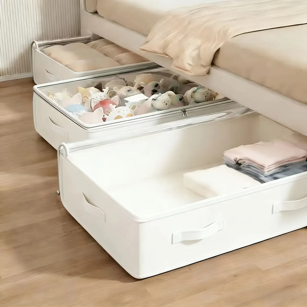 3PCS White Under Bed Wardrobe Storage Boxes and Organizers, Foldable Under Bed Storage Boxes, Collapsible Storage Boxes, Collapsible Containers, with Functions, for Blankets, Skirts, Quilts, Pillows, Clothes, Space-Saving