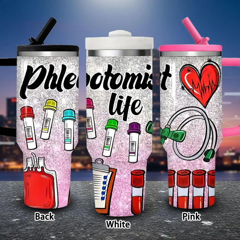 Single 40oz Leak-Proof Vibrant Sketch-Style Phlebotomist Medical Equipment Vacuum Flask Tumbler with Lid & Straw, Winter Insulated Travel Mug, Happy Birthday Gift for Adults, Iced/Hot Coffee Cup