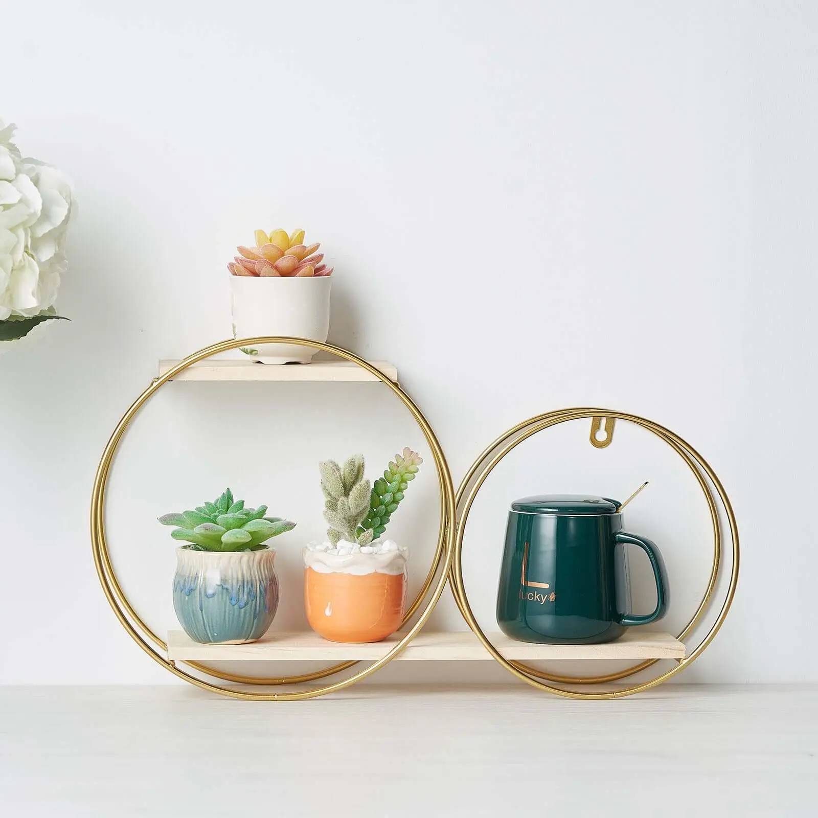 Gold 2-Tier Round Floating Wall Shelf Rack with Double Hoop Design (10"x18") - Hanging Stand Organizer for Home Wall Decor, Kid Room, Friend Gifting, Study Organization