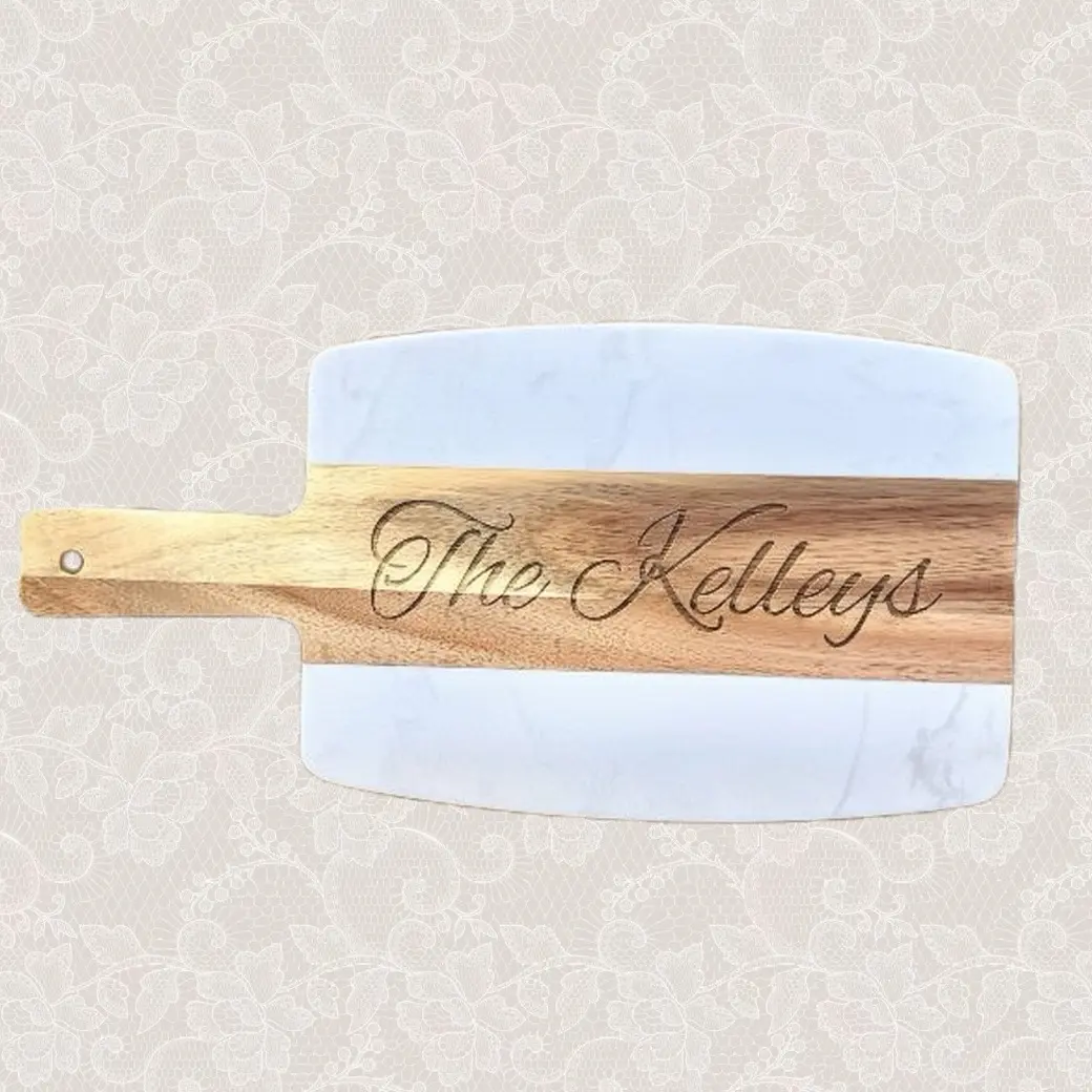 Custom Engraved Acacia & Marble Cutting Board - Gift for Couples, Families, Moms, and Grandma | Chopping | Kitchen | Knives | Wood | Wooden