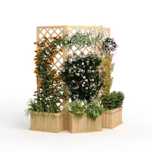 Garvee Outdoor Privacy Screen with Planter Box, Wood Garden Fence Panel, 3 Hinged Freestanding Screens, 157 x 26 x 165cm, Outdoor Divider with Drain Holes & Raised Bed for Patio, Deck & Backyard