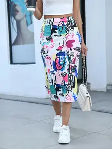 1Pc Summer Abstract Graffiti High Waist Bodycon Midi Skirt, Womenswear, Trendy Ins Art Style Casual Street Vacation Versatile Long Skirt