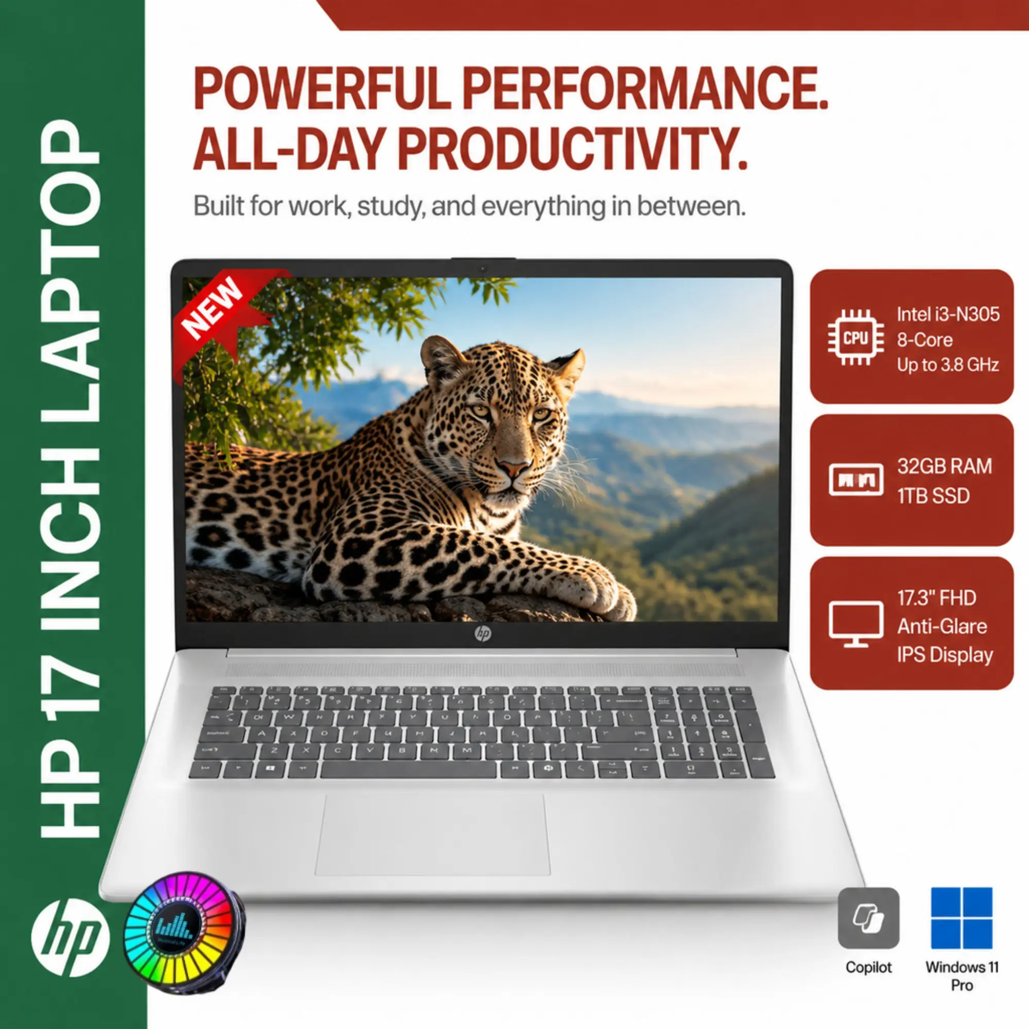 HP 17.3" Full HD IPS Display Laptop, Intel 8-Core i3-N305 Processor, Up to 32GB RAM, 1TB SSD, Built-in Intel UHD Graphics, Windows 11 Pro, Fast Charge, Wi-Fi 6, Bluetooth 5.4, HD Webcam, d1523 Bundle Accessory Included