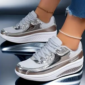 1 Pair Women's Casual Breathable Running Shoes with Shiny Soles, Lightweight Mesh Upper, Rocking Effect, Mid Heel, EVA Sole, for Casual Attire, Ladies Sneakers (Rain Shoes & Covers)