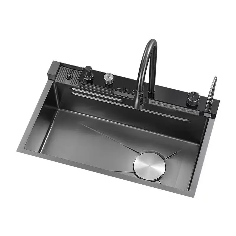 Stainless Steel Multifunctional Smart Kitchen Sink Workstation - Waterfall Design, Real-Time Water Temp Display, Piano Key Water Control