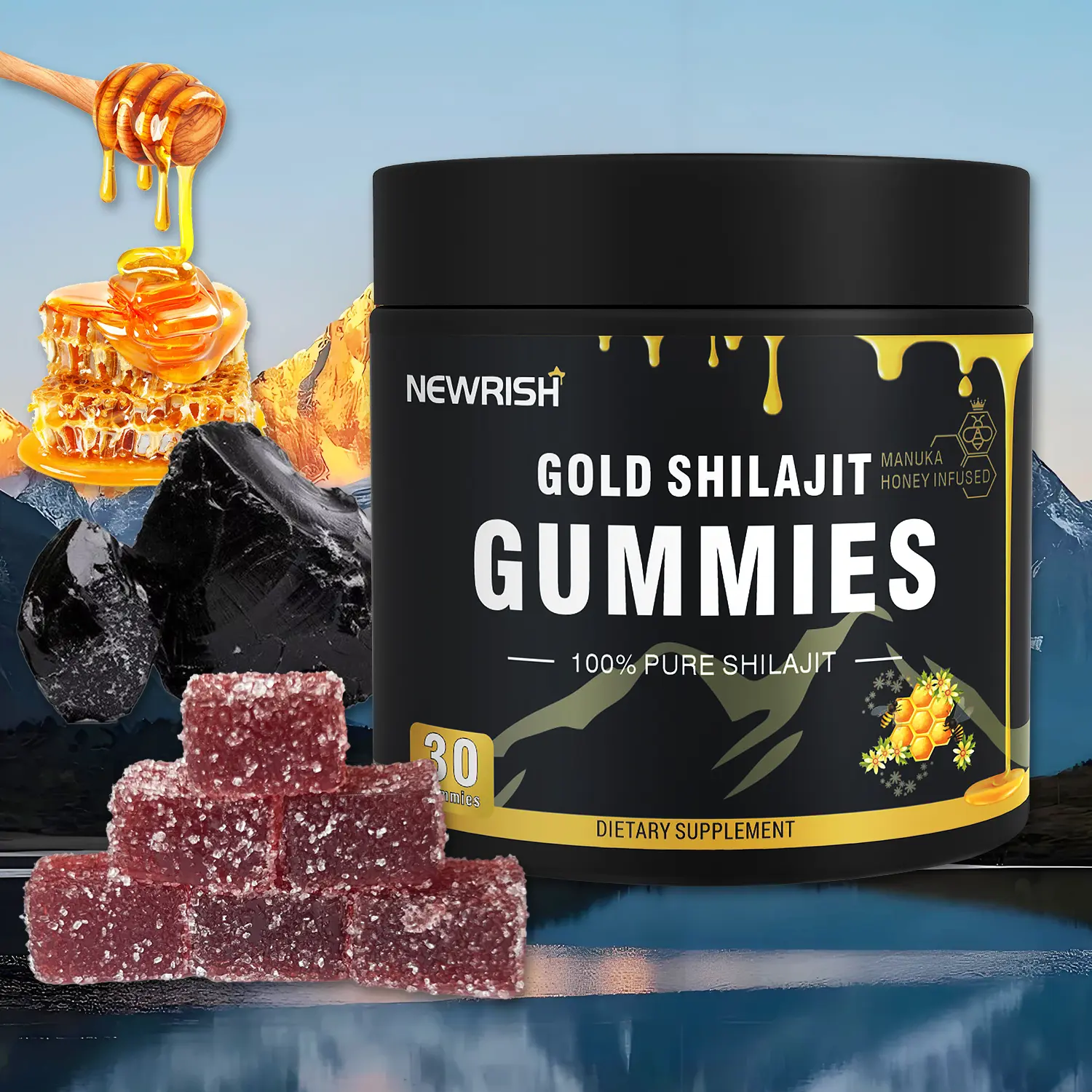 Newrish Organic Shilajit Gummies - Energy & Vitality Boost - Manuka Honey - Sugar Free - Non-GMO - Lab Certified with 85+ Trace Minerals - 30 Gummies