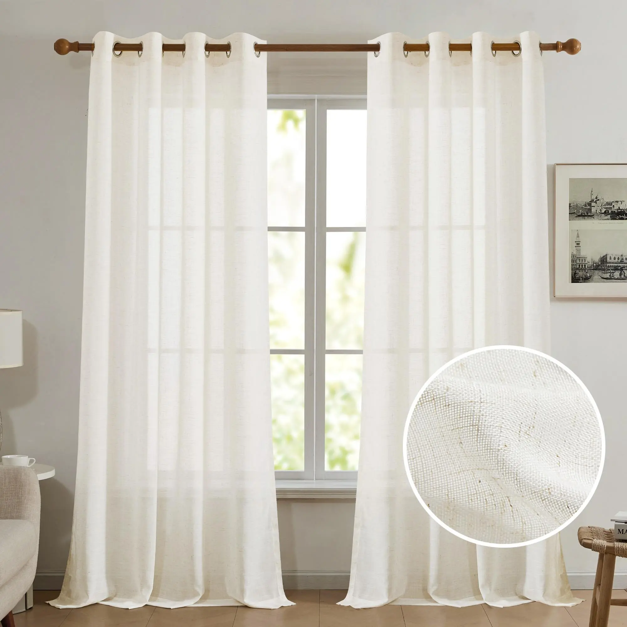 Deconovo Solid Slub Faux Linen Semi Sheer Home Decorative Curtains - Lightweight, Light Filtering Airy Gauze Drapes with 8 White Grommets, Adjustable Length for Living Room Windows, Home Decorative Curtain, Lightweight Curtains