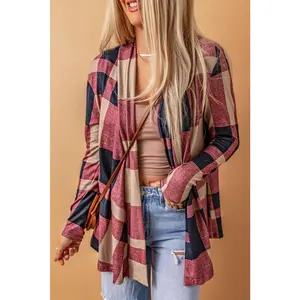 Draped Open Front Plaid Cardigan