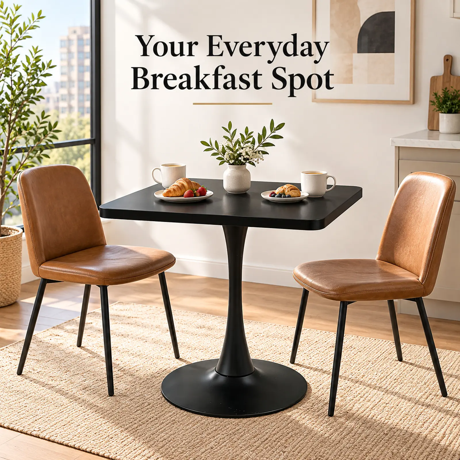 Square Dining Table, 23.6" Tulip Table with Thickened Edge Decor Tabletop & Metal Pedestal, Mid Century Modern Bistro Table for Kitchen, Small Places, Living Room, Cafe ( BLACK Color)