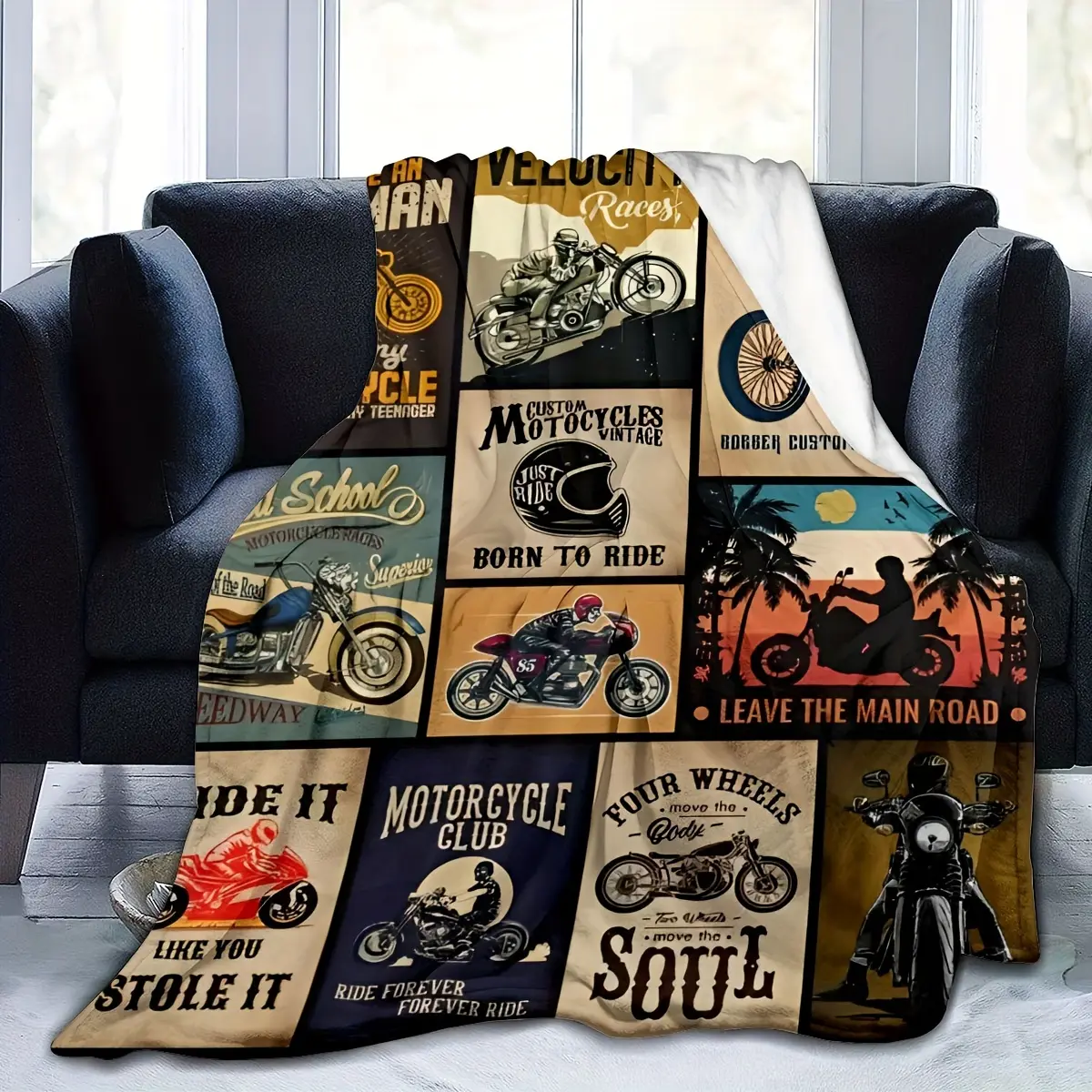 Vintage Motorcycle All Over Print Polyester Fleece Blanket for Bikers - Anti-Pilling, Soft, Durable, Retro Design & Slogan Throw, Layering on the Couch, Camping, Machine Washable Home Decor Gift