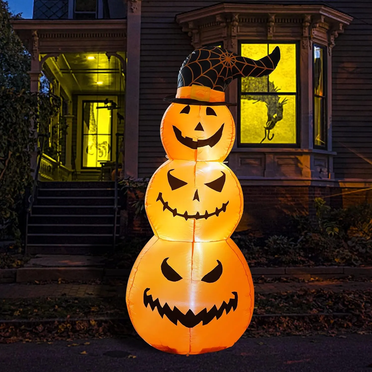 5-Foot Halloween Inflatable Yard Decoration – Stacked Pumpkins with Witch’s Hat, LED-Lit Blow-Up for Outdoor & Indoor Use – Spooky & Fun Party Decor for Lawn, Garden, Porch or Garage (Easy Setup with Ground Stake & Rope) Plastic Water Proof