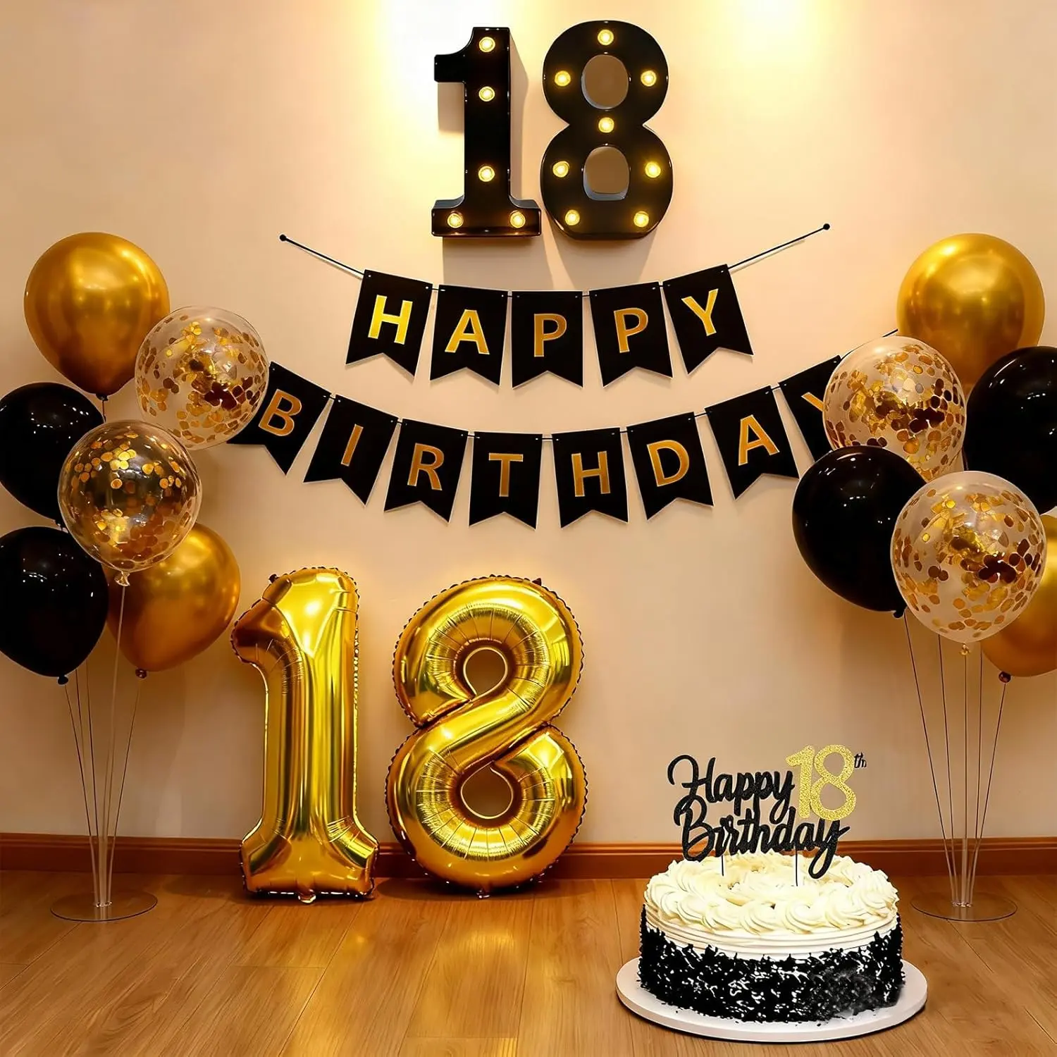 18th Birthday Party Decorations Kit - Lightweight Elegant Warm Glowing LED Light Marquee Number Sign, 12 Black Gold and Confetti Balloons, 32 Inch Number 18 Balloons, Banner, Cake Topper, Stand or Hang for Photo Backdrops