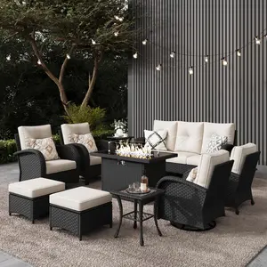 LayinSun 10 Pieces Outdoor Patio Furniture Set with Fire Pit Table, Rattan Wicker Sectional Swivel Rocker Chairs Sets