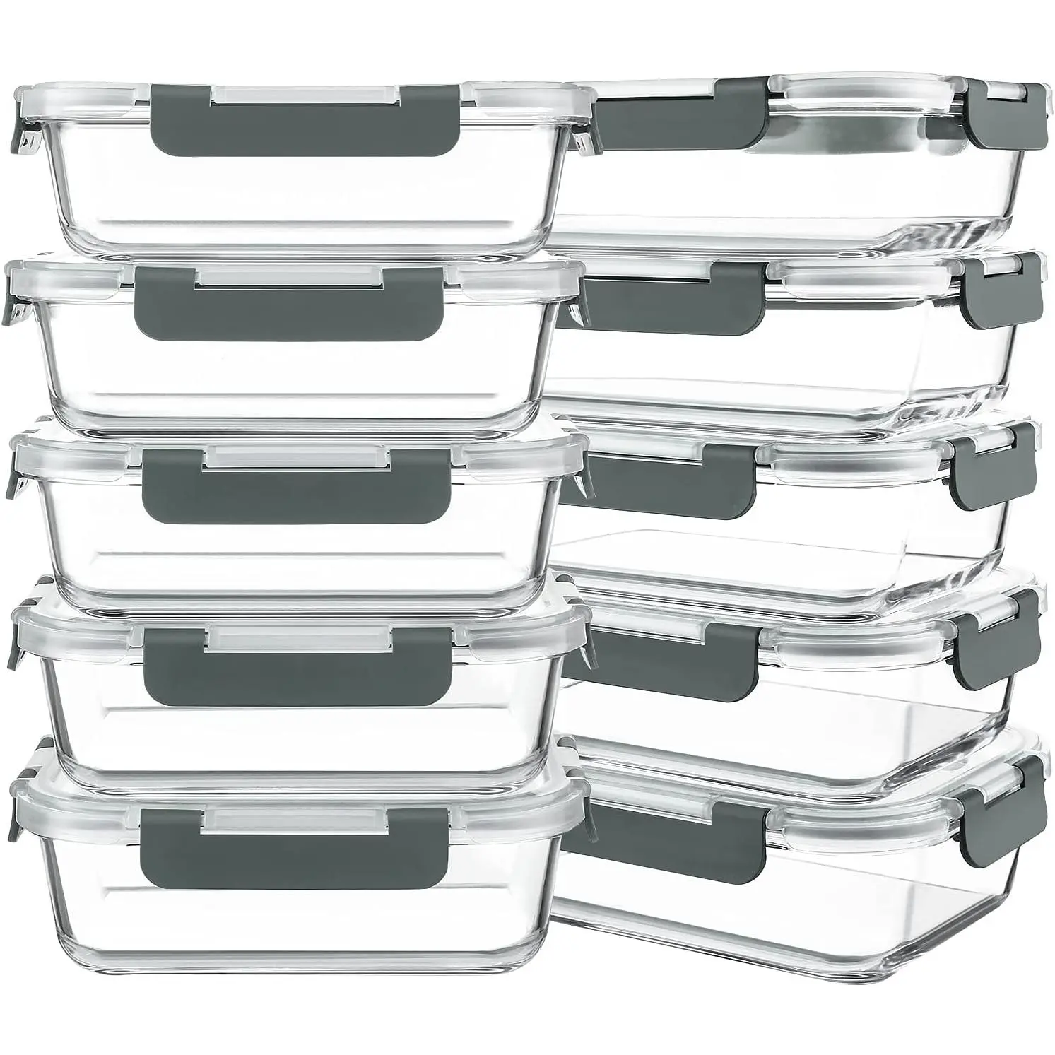 10 Packs 30 oz Glass Meal Prep Containers with Gray Airtight Lids, Easy Meal Prep Bento Lunch Boxes, Gym Snack Containers, Multi-Safe for Microwave, Refrigerator, Freezer, Dishwasher, Kitchen Storage, Snap