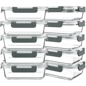 10 Packs 30 oz Glass Meal Prep Containers,Glass Food Storage Containers with Lids,Airtight Lunch Bento Boxes,Microwave,Freezer and Dishwasher,Gray