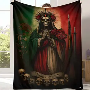 Mexican Santa Muerte Flannel Decorative Blanket - Grim Reaper & Roses Gothic Ethnic Print, Mexican Home Decor, Day of the Dead Use, Living Room Accent or Unique Spiritual Blanket Gifts