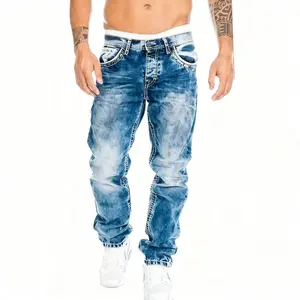 Men's Slim Straight Leg Jeans with Snowflake Print Vintage Washed Blue Durable Hand-Washable Fabric Casual Streetwear Style for All Seasons
