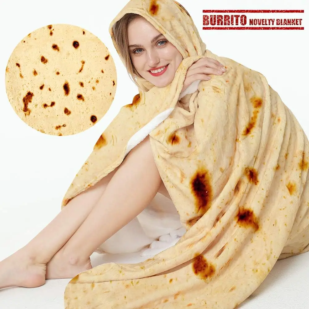 Burrito Tortilla Throw Blanket, 2.0 Double Sided Burritos Taco Tortilla Wrap Blankets for Adults , Giant Funny Realistic  Blankets, Soft Flannel Round Throw Blanket 80in