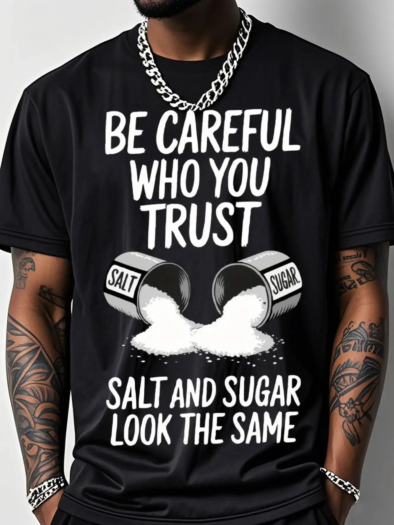 Women's Unisex Classic Graphic Shirt, 200g Cotton Breathable Stretch Short-Sleeve Crew Neck Top - Outdoor Fitness Wear with Salt Pattern Print, "Beware of Spoken Words from People You Trust" Humor Graphic Tee, Activewear Tee, Graphic Shirts
