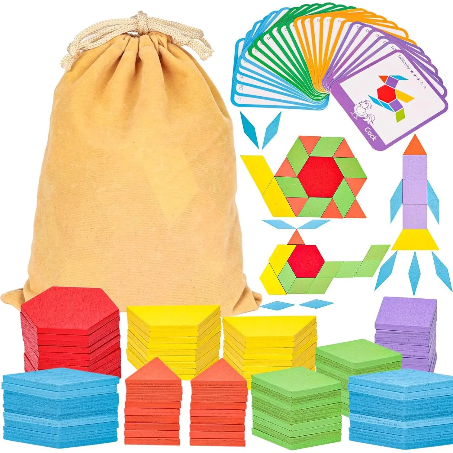 209 PCS Wooden Pattern Blocks, Geometric Shapes Blocks Pattern Blocks with Cards Tangram Puzzles for Kids Educational Tangram Toys