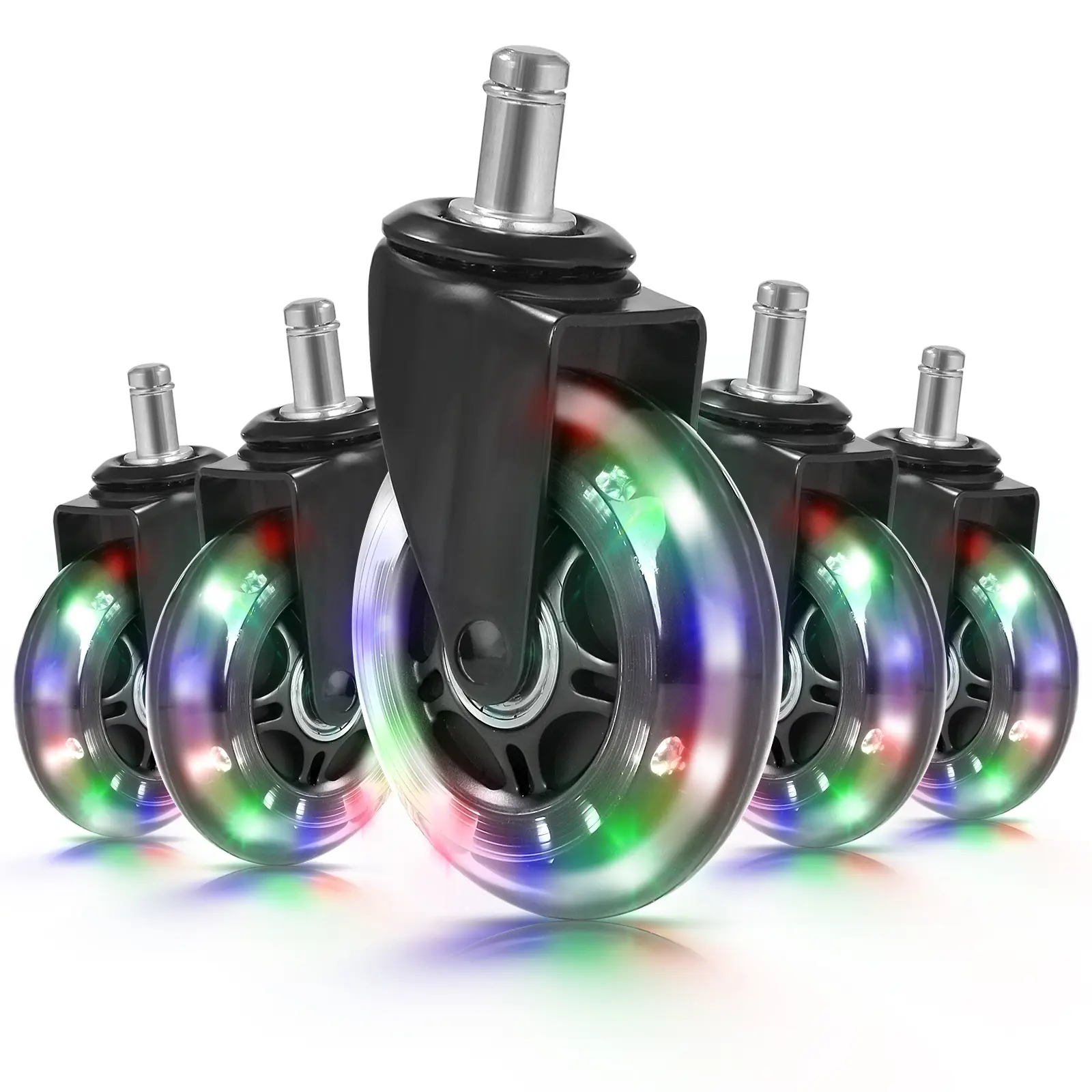 Replacement Rubber Casters for Office & Gaming Chairs, 5-Pack RGB Color-Changing Lights Rubber Casters, 7/16" x 7/8" Stem, Suitable for Hardwood Floors, Tiles
