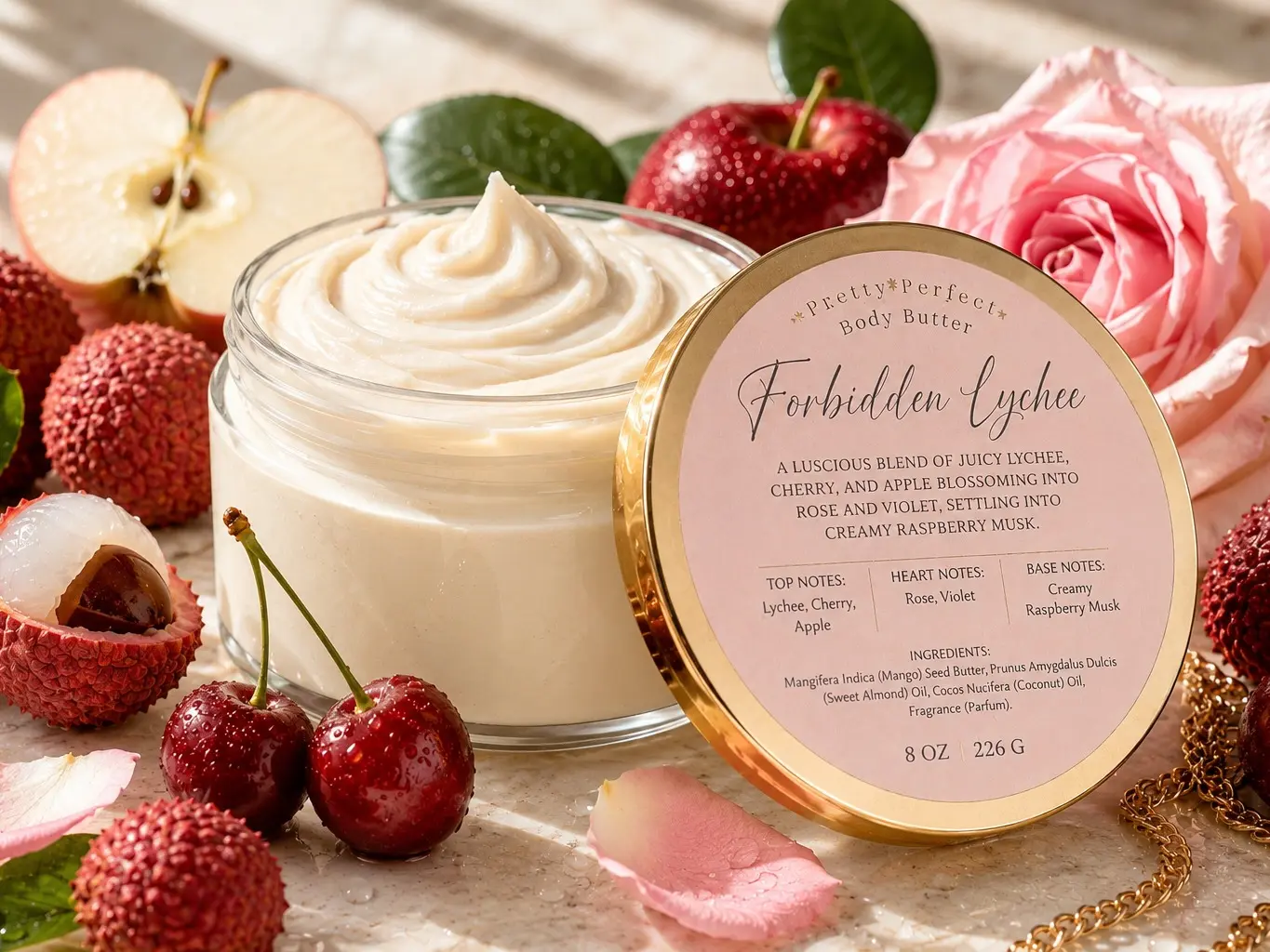 Forbidden Lychee Body Butter - Hydrating Lychee Sweet Skin Moisturizer for Female Adults, Mature Skin, Cracked Heels, Daily Use with Long-Lasting Scent, Homemade Ultra
