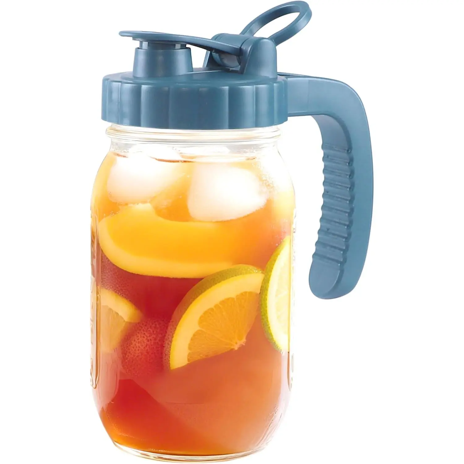 Mason Jar Pitcher 32 OZ With Pour Spout Lids 1 Quart Wide Mouth Water Pitcher Airtight And Leakproof Glass Carafe With Handle And Flip Cap For Milk, Iced , Cold Brew Coffee, Juice, Infused Water