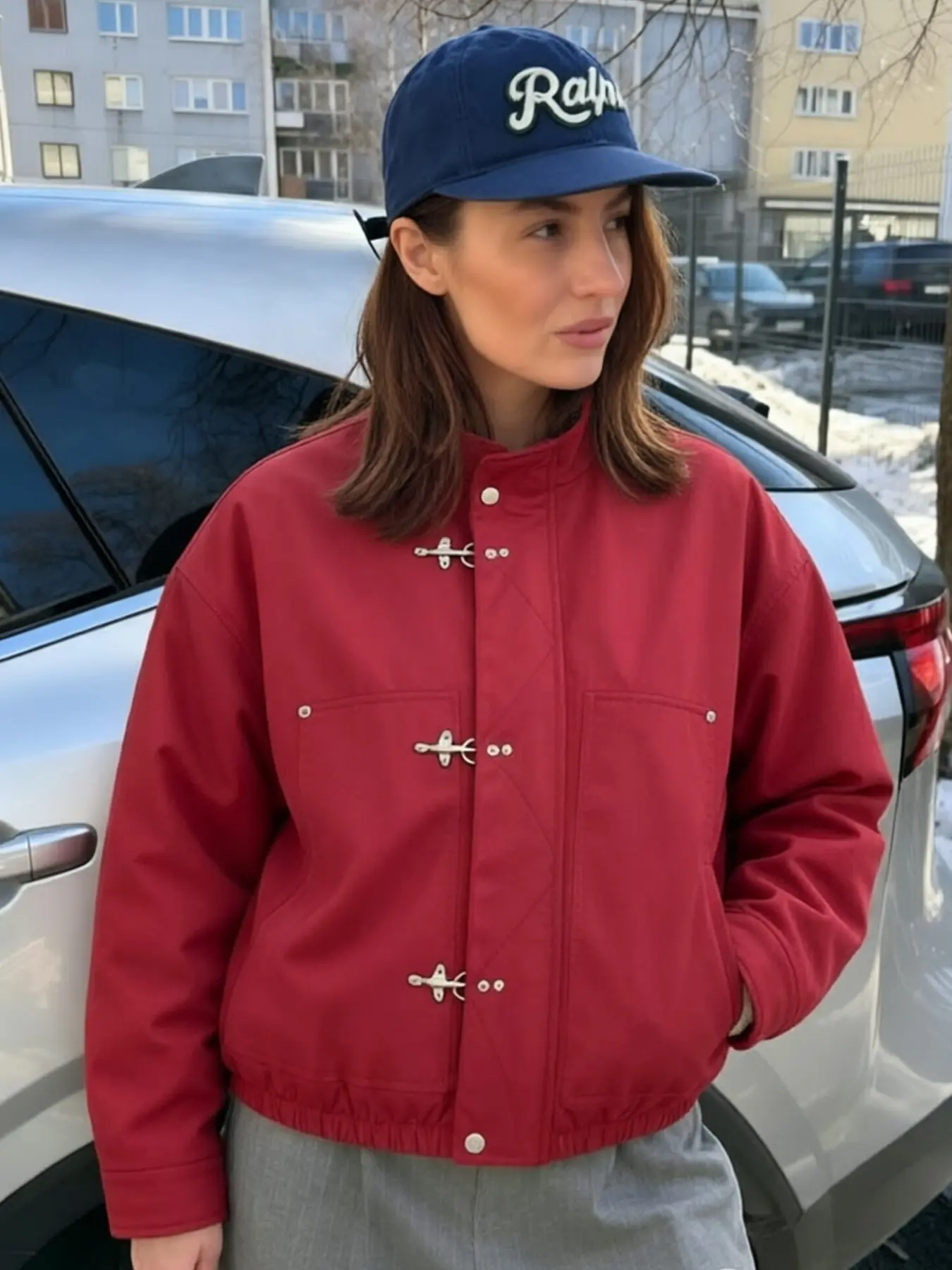 Red Jackets Women's Coat Demi-Season Cropped Women's Bomber Jacket Casual Streetwear Long Sleeve High Neck Jacket Female Oversize Frog Buckle Aviator Jacket Outerwear