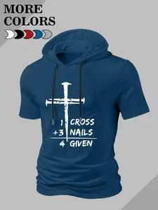 Men's Religious Hooded Short Sleeve Fitted Knit Shirt, Cross & Nails Print, Multiple Colors Available, Casual Streetwear Faith-Based Clothing for Daily Wear Tops