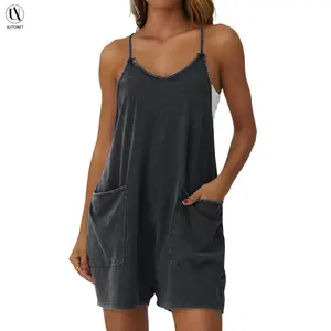 AUTOMET Fade Craft Loose Romper- Vintage Acid Wash Womens Sleeveless Casual Summer Spaghetti Strap Overalls Shorts Jumpsuit with Pockets